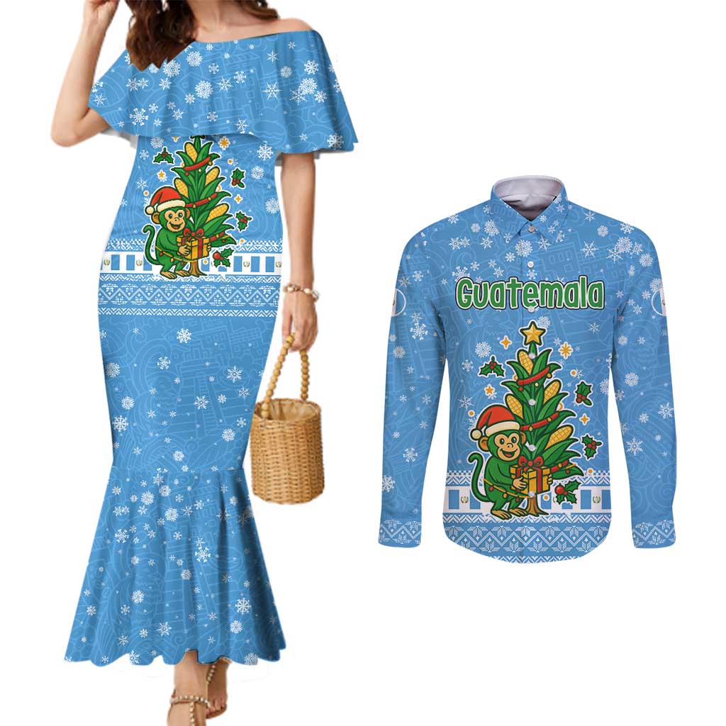 Guatemala Christmas Couples Matching Mermaid Dress and Long Sleeve Button Shirt with Blue Christmas Monkey Tree Snowman and Snowflake - Wonder Print Shop