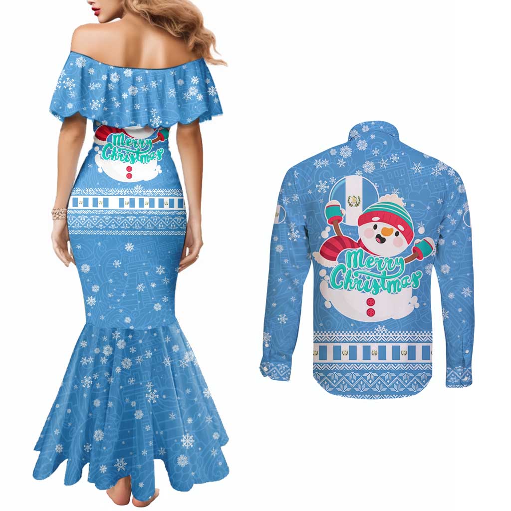 Guatemala Christmas Couples Matching Mermaid Dress and Long Sleeve Button Shirt with Blue Christmas Monkey Tree Snowman and Snowflake - Wonder Print Shop