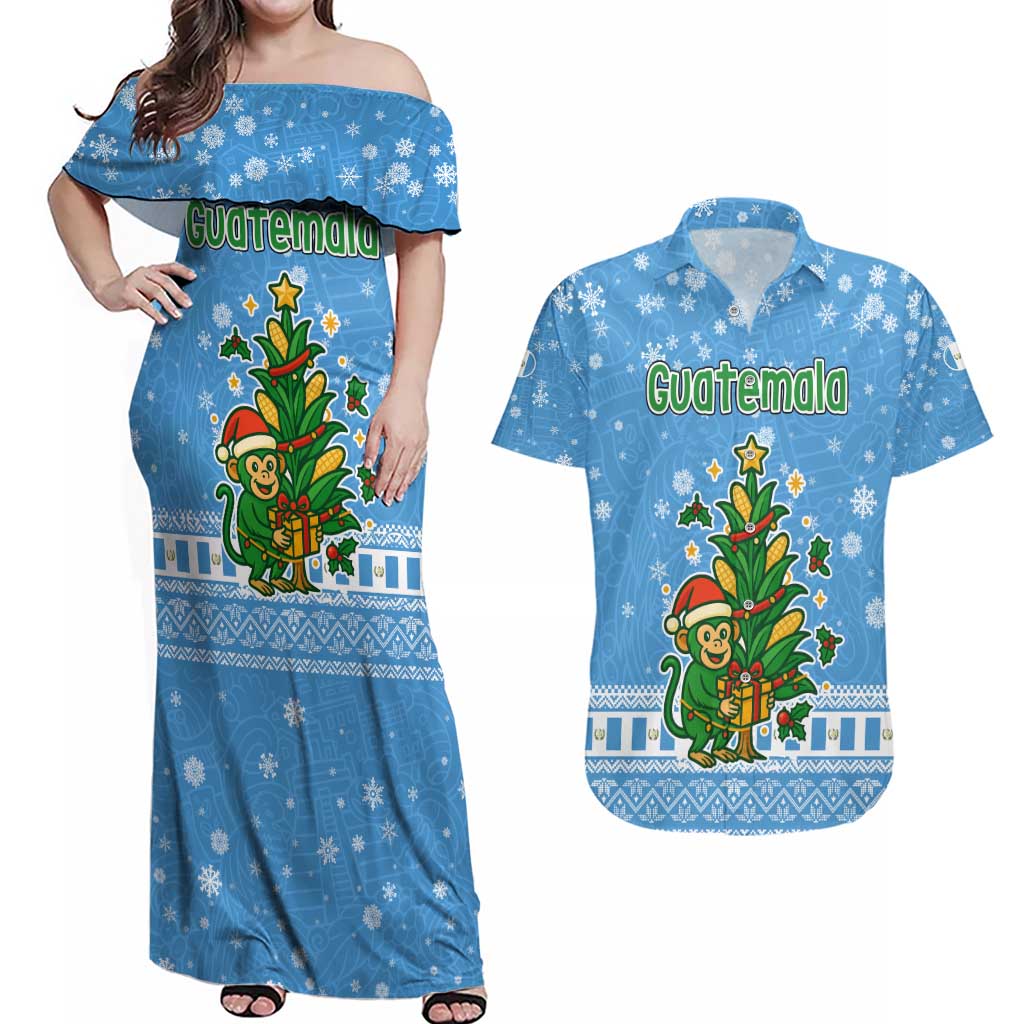Guatemala Christmas Couples Matching Off Shoulder Maxi Dress and Hawaiian Shirt with Blue Christmas Monkey Tree Snowman and Snowflake - Wonder Print Shop