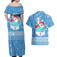 Guatemala Christmas Couples Matching Off Shoulder Maxi Dress and Hawaiian Shirt with Blue Christmas Monkey Tree Snowman and Snowflake - Wonder Print Shop