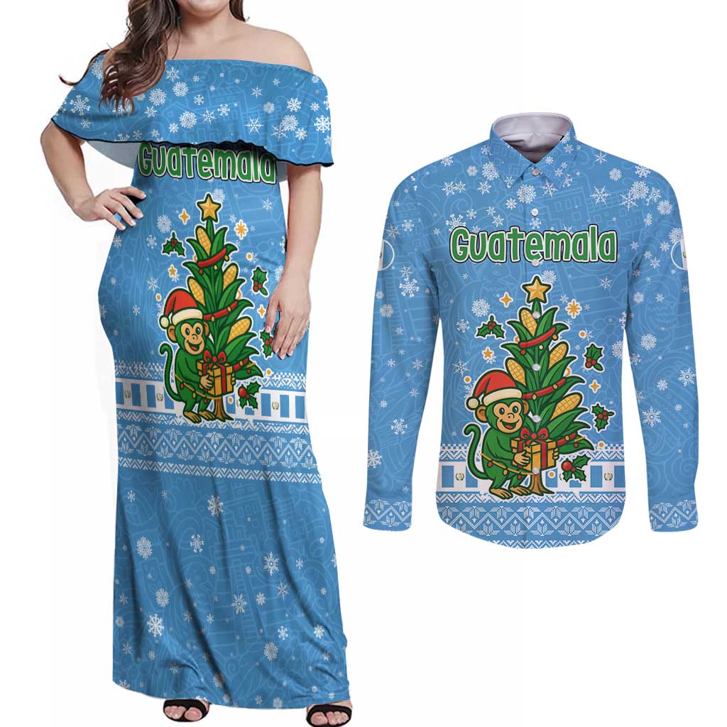 Guatemala Christmas Couples Matching Off Shoulder Maxi Dress and Long Sleeve Button Shirt with Blue Christmas Monkey Tree Snowman and Snowflake - Wonder Print Shop