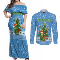 Guatemala Christmas Couples Matching Off Shoulder Maxi Dress and Long Sleeve Button Shirt with Blue Christmas Monkey Tree Snowman and Snowflake - Wonder Print Shop