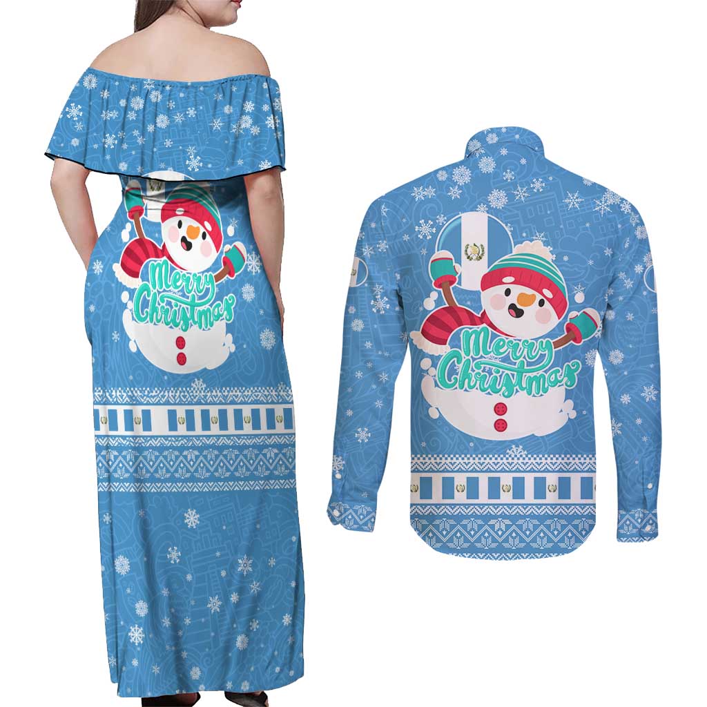 Guatemala Christmas Couples Matching Off Shoulder Maxi Dress and Long Sleeve Button Shirt with Blue Christmas Monkey Tree Snowman and Snowflake - Wonder Print Shop
