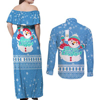 Guatemala Christmas Couples Matching Off Shoulder Maxi Dress and Long Sleeve Button Shirt with Blue Christmas Monkey Tree Snowman and Snowflake - Wonder Print Shop
