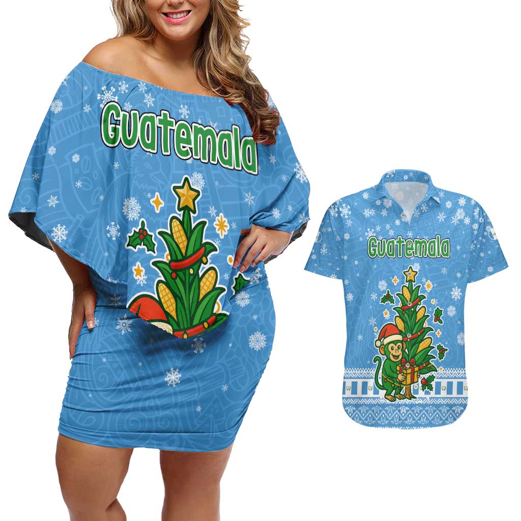 Guatemala Christmas Couples Matching Off Shoulder Short Dress and Hawaiian Shirt with Blue Christmas Monkey Tree Snowman and Snowflake - Wonder Print Shop