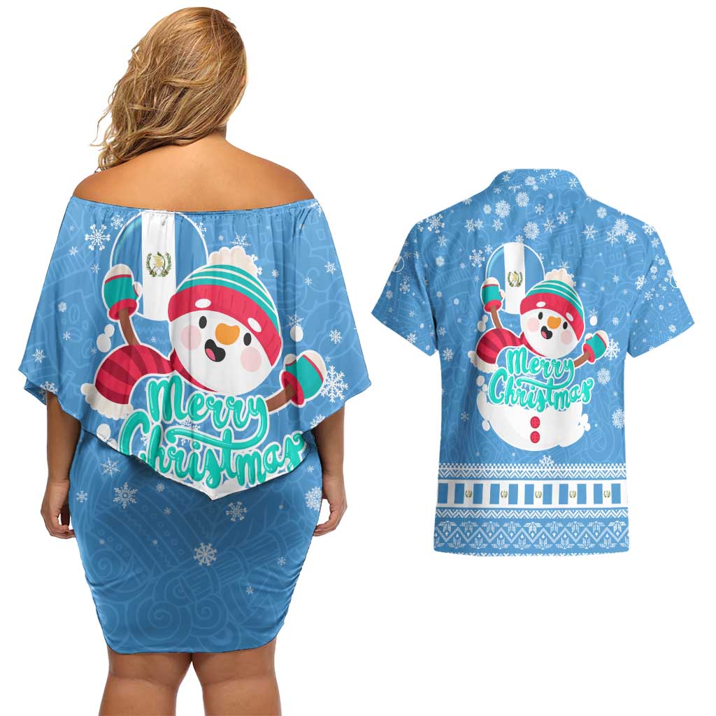 Guatemala Christmas Couples Matching Off Shoulder Short Dress and Hawaiian Shirt with Blue Christmas Monkey Tree Snowman and Snowflake - Wonder Print Shop