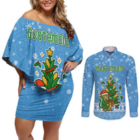 Guatemala Christmas Couples Matching Off Shoulder Short Dress and Long Sleeve Button Shirt with Blue Christmas Monkey Tree Snowman and Snowflake - Wonder Print Shop