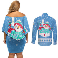 Guatemala Christmas Couples Matching Off Shoulder Short Dress and Long Sleeve Button Shirt with Blue Christmas Monkey Tree Snowman and Snowflake - Wonder Print Shop