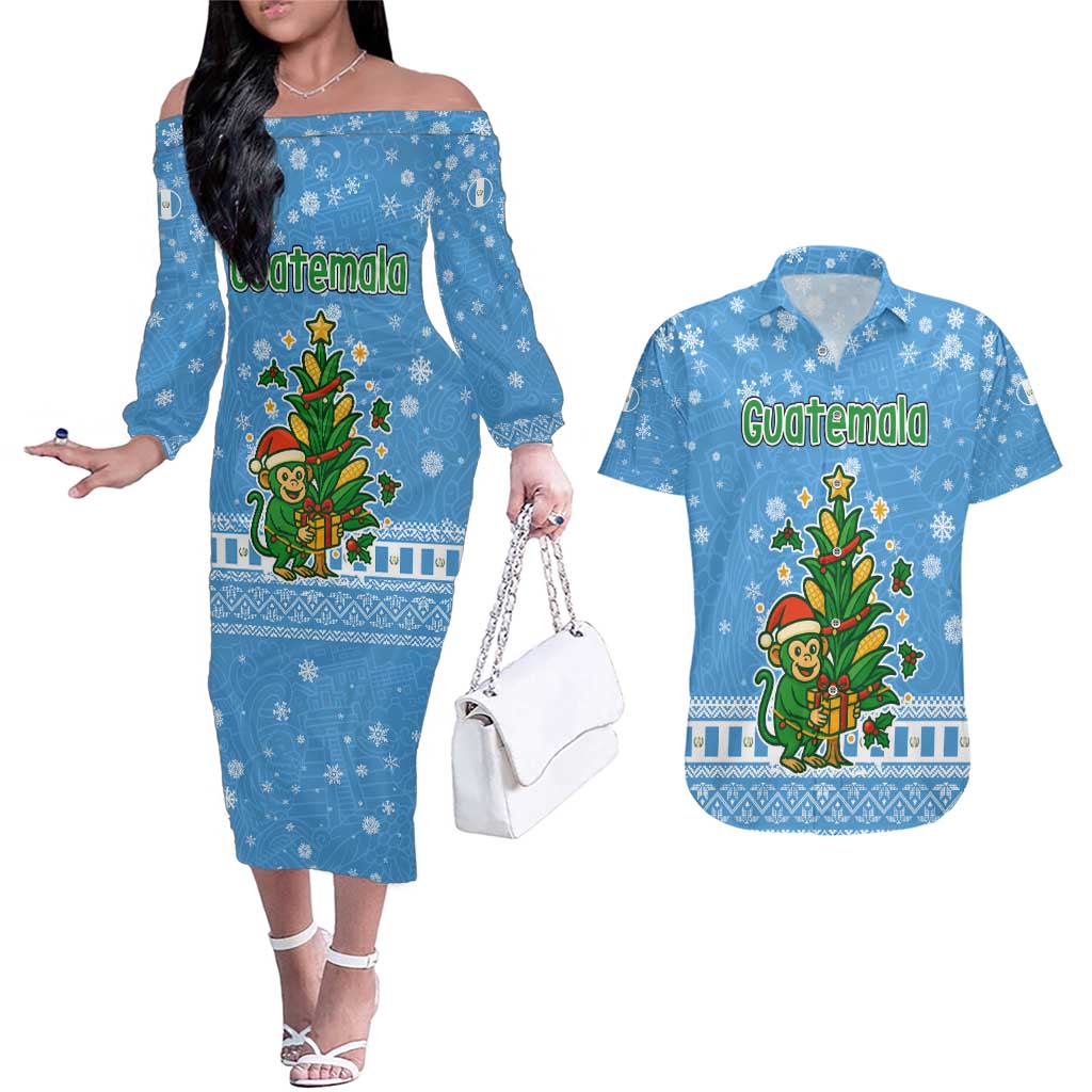 Guatemala Christmas Couples Matching Off The Shoulder Long Sleeve Dress and Hawaiian Shirt with Blue Christmas Monkey Tree Snowman and Snowflake - Wonder Print Shop