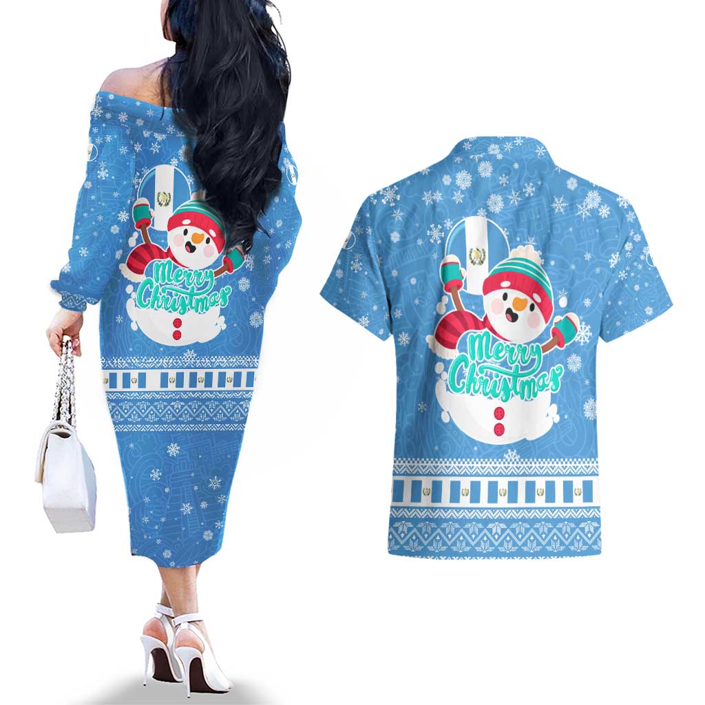Guatemala Christmas Couples Matching Off The Shoulder Long Sleeve Dress and Hawaiian Shirt with Blue Christmas Monkey Tree Snowman and Snowflake - Wonder Print Shop