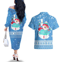 Guatemala Christmas Couples Matching Off The Shoulder Long Sleeve Dress and Hawaiian Shirt with Blue Christmas Monkey Tree Snowman and Snowflake - Wonder Print Shop