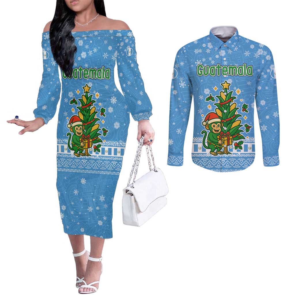 Guatemala Christmas Couples Matching Off The Shoulder Long Sleeve Dress and Long Sleeve Button Shirt with Blue Christmas Monkey Tree Snowman and Snowflake - Wonder Print Shop