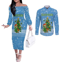 Guatemala Christmas Couples Matching Off The Shoulder Long Sleeve Dress and Long Sleeve Button Shirt with Blue Christmas Monkey Tree Snowman and Snowflake - Wonder Print Shop