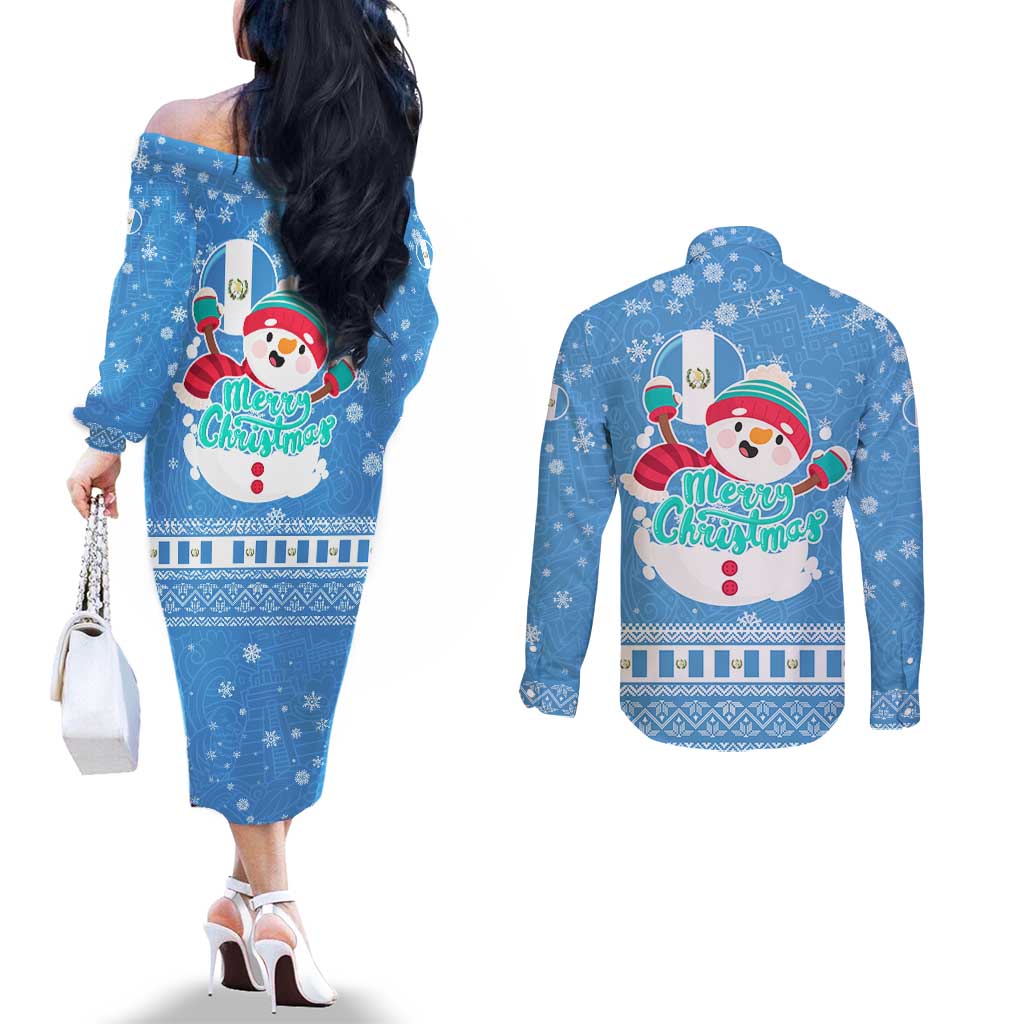 Guatemala Christmas Couples Matching Off The Shoulder Long Sleeve Dress and Long Sleeve Button Shirt with Blue Christmas Monkey Tree Snowman and Snowflake - Wonder Print Shop