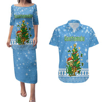 Guatemala Christmas Couples Matching Puletasi and Hawaiian Shirt with Blue Christmas Monkey Tree Snowman and Snowflake - Wonder Print Shop
