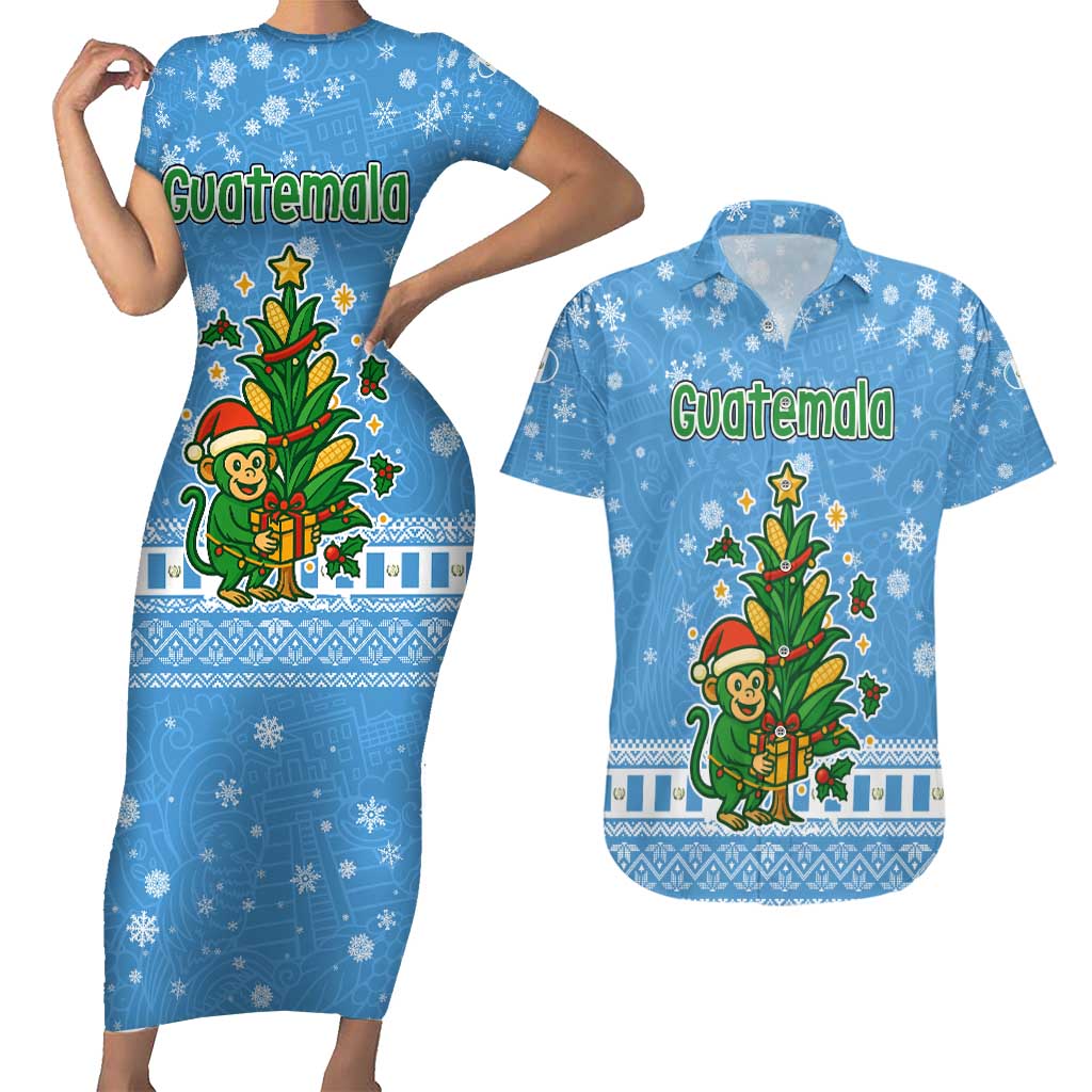 Guatemala Christmas Couples Matching Short Sleeve Bodycon Dress and Hawaiian Shirt with Blue Christmas Monkey Tree Snowman and Snowflake - Wonder Print Shop