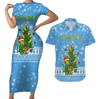 Guatemala Christmas Couples Matching Short Sleeve Bodycon Dress and Hawaiian Shirt with Blue Christmas Monkey Tree Snowman and Snowflake - Wonder Print Shop
