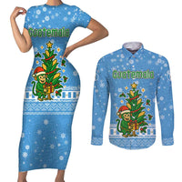 Guatemala Christmas Couples Matching Short Sleeve Bodycon Dress and Long Sleeve Button Shirt with Blue Christmas Monkey Tree Snowman and Snowflake - Wonder Print Shop