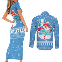 Guatemala Christmas Couples Matching Short Sleeve Bodycon Dress and Long Sleeve Button Shirt with Blue Christmas Monkey Tree Snowman and Snowflake - Wonder Print Shop
