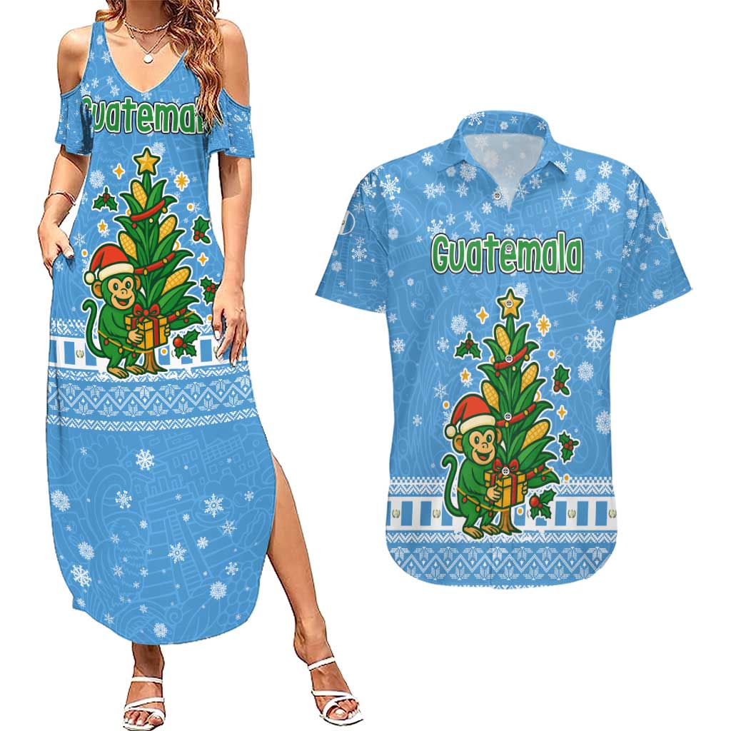 Guatemala Christmas Couples Matching Summer Maxi Dress and Hawaiian Shirt with Blue Christmas Monkey Tree Snowman and Snowflake - Wonder Print Shop
