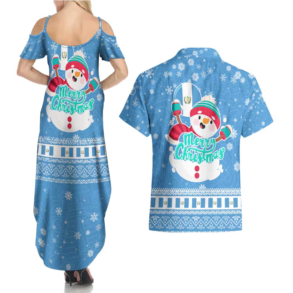 Guatemala Christmas Couples Matching Summer Maxi Dress and Hawaiian Shirt with Blue Christmas Monkey Tree Snowman and Snowflake - Wonder Print Shop