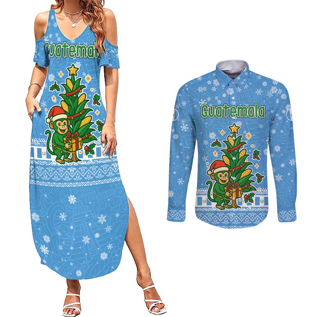 Guatemala Christmas Couples Matching Summer Maxi Dress and Long Sleeve Button Shirt with Blue Christmas Monkey Tree Snowman and Snowflake - Wonder Print Shop