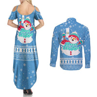 Guatemala Christmas Couples Matching Summer Maxi Dress and Long Sleeve Button Shirt with Blue Christmas Monkey Tree Snowman and Snowflake - Wonder Print Shop