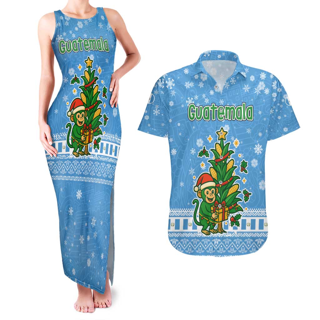 Guatemala Christmas Couples Matching Tank Maxi Dress and Hawaiian Shirt with Blue Christmas Monkey Tree Snowman and Snowflake - Wonder Print Shop
