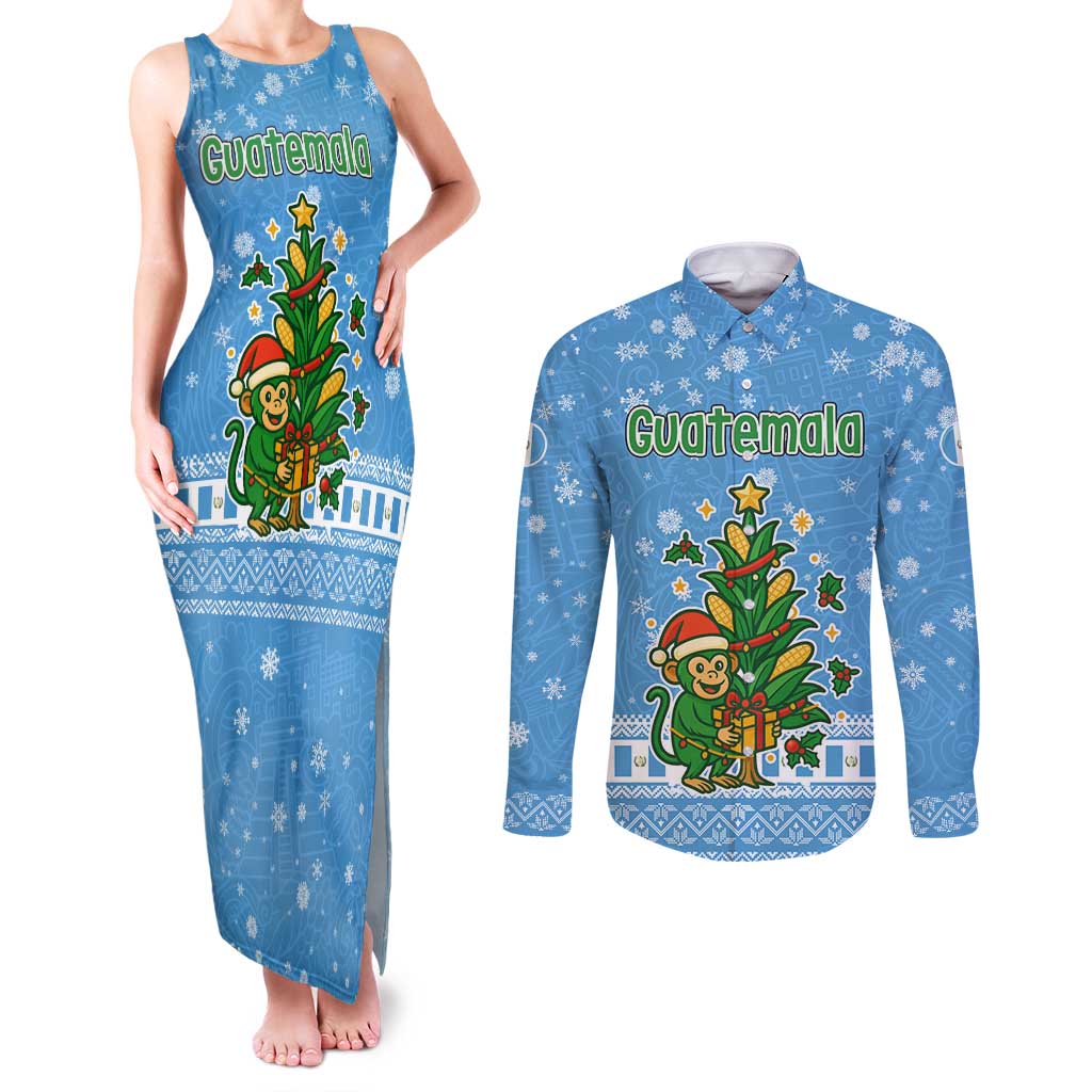 Guatemala Christmas Couples Matching Tank Maxi Dress and Long Sleeve Button Shirt with Blue Christmas Monkey Tree Snowman and Snowflake - Wonder Print Shop