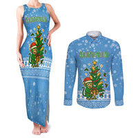 Guatemala Christmas Couples Matching Tank Maxi Dress and Long Sleeve Button Shirt with Blue Christmas Monkey Tree Snowman and Snowflake - Wonder Print Shop