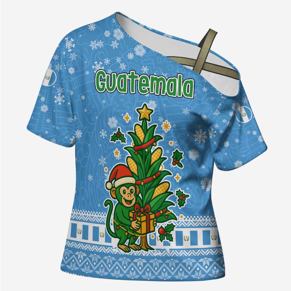 Guatemala Christmas Cross Shoulder Shirt with Blue Christmas Monkey Tree Snowman and Snowflake - Wonder Print Shop