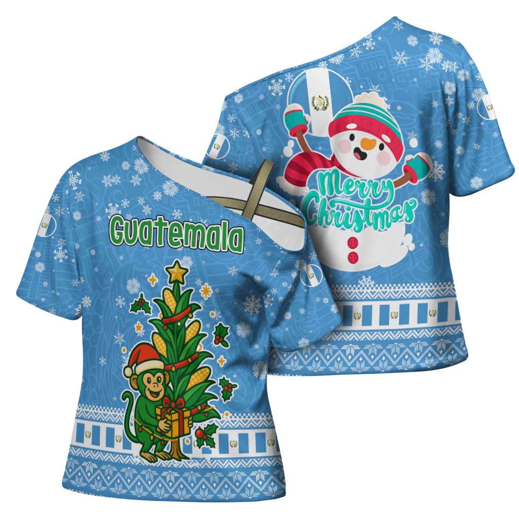 Guatemala Christmas Cross Shoulder Shirt with Blue Christmas Monkey Tree Snowman and Snowflake - Wonder Print Shop