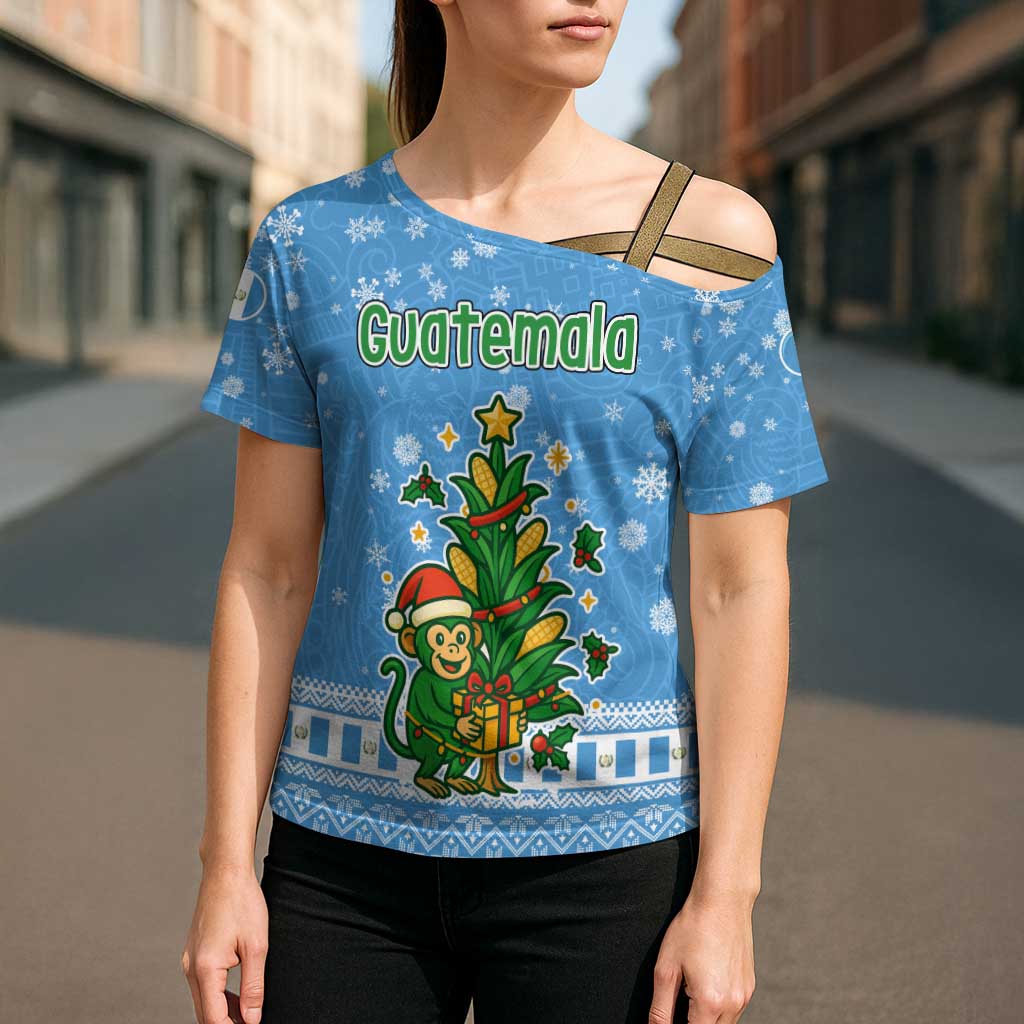 Guatemala Christmas Cross Shoulder Shirt with Blue Christmas Monkey Tree Snowman and Snowflake - Wonder Print Shop