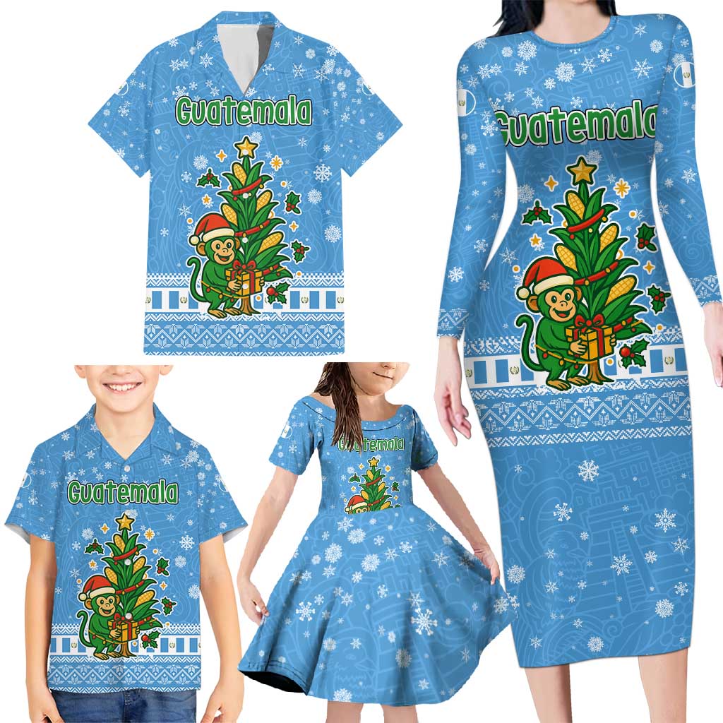 Guatemala Christmas Family Matching Long Sleeve Bodycon Dress and Hawaiian Shirt with Blue Christmas Monkey Tree Snowman and Snowflake - Wonder Print Shop