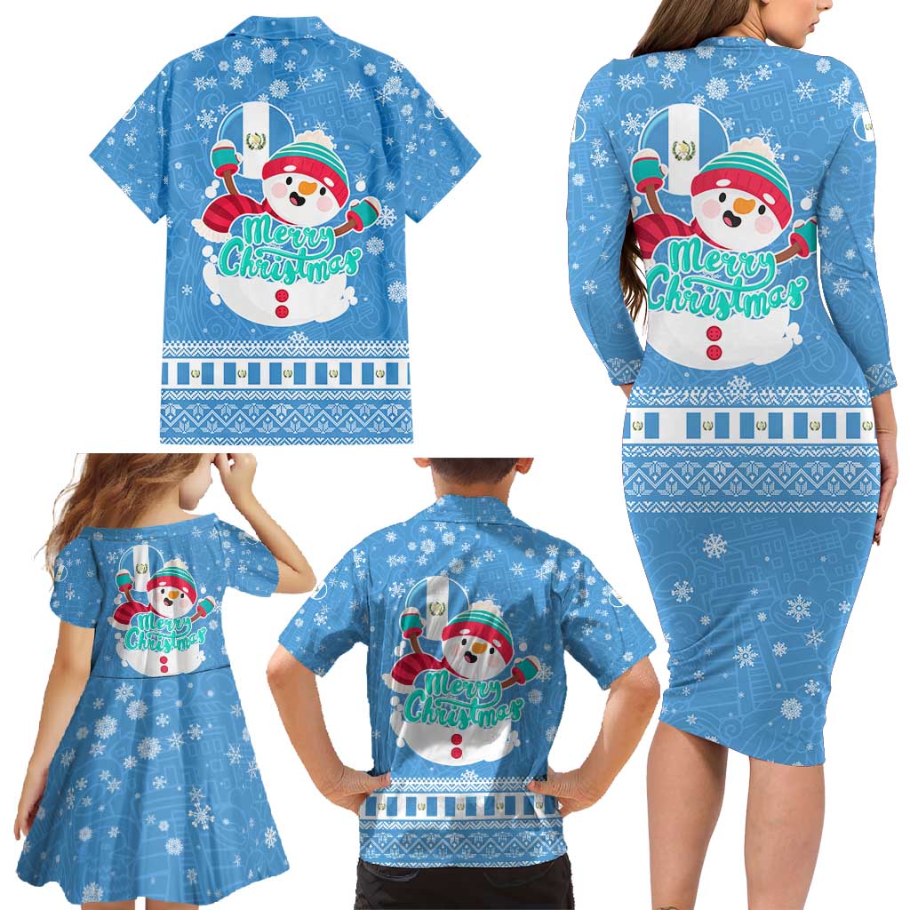 Guatemala Christmas Family Matching Long Sleeve Bodycon Dress and Hawaiian Shirt with Blue Christmas Monkey Tree Snowman and Snowflake - Wonder Print Shop