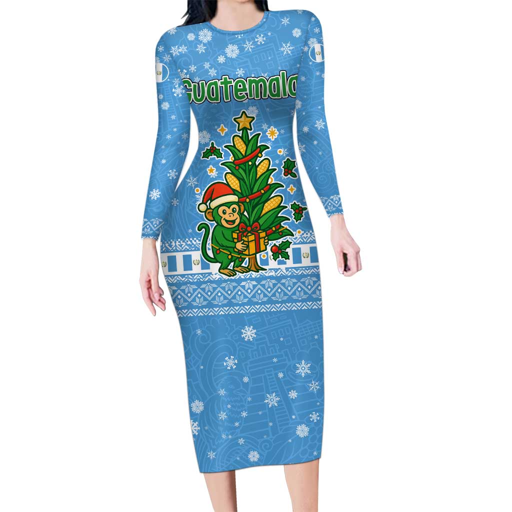 Guatemala Christmas Family Matching Long Sleeve Bodycon Dress and Hawaiian Shirt with Blue Christmas Monkey Tree Snowman and Snowflake - Wonder Print Shop