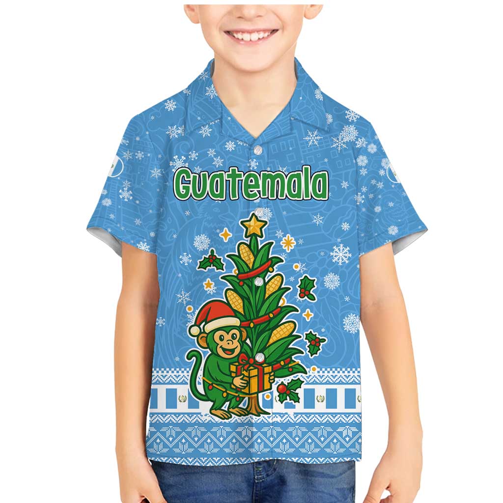Guatemala Christmas Family Matching Mermaid Dress and Hawaiian Shirt with Blue Christmas Monkey Tree Snowman and Snowflake - Wonder Print Shop