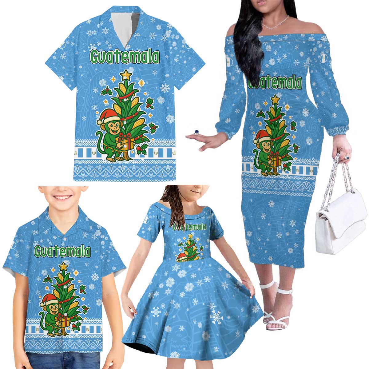 Guatemala Christmas Family Matching Off The Shoulder Long Sleeve Dress and Hawaiian Shirt with Blue Christmas Monkey Tree Snowman and Snowflake - Wonder Print Shop