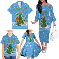 Guatemala Christmas Family Matching Off The Shoulder Long Sleeve Dress and Hawaiian Shirt with Blue Christmas Monkey Tree Snowman and Snowflake - Wonder Print Shop