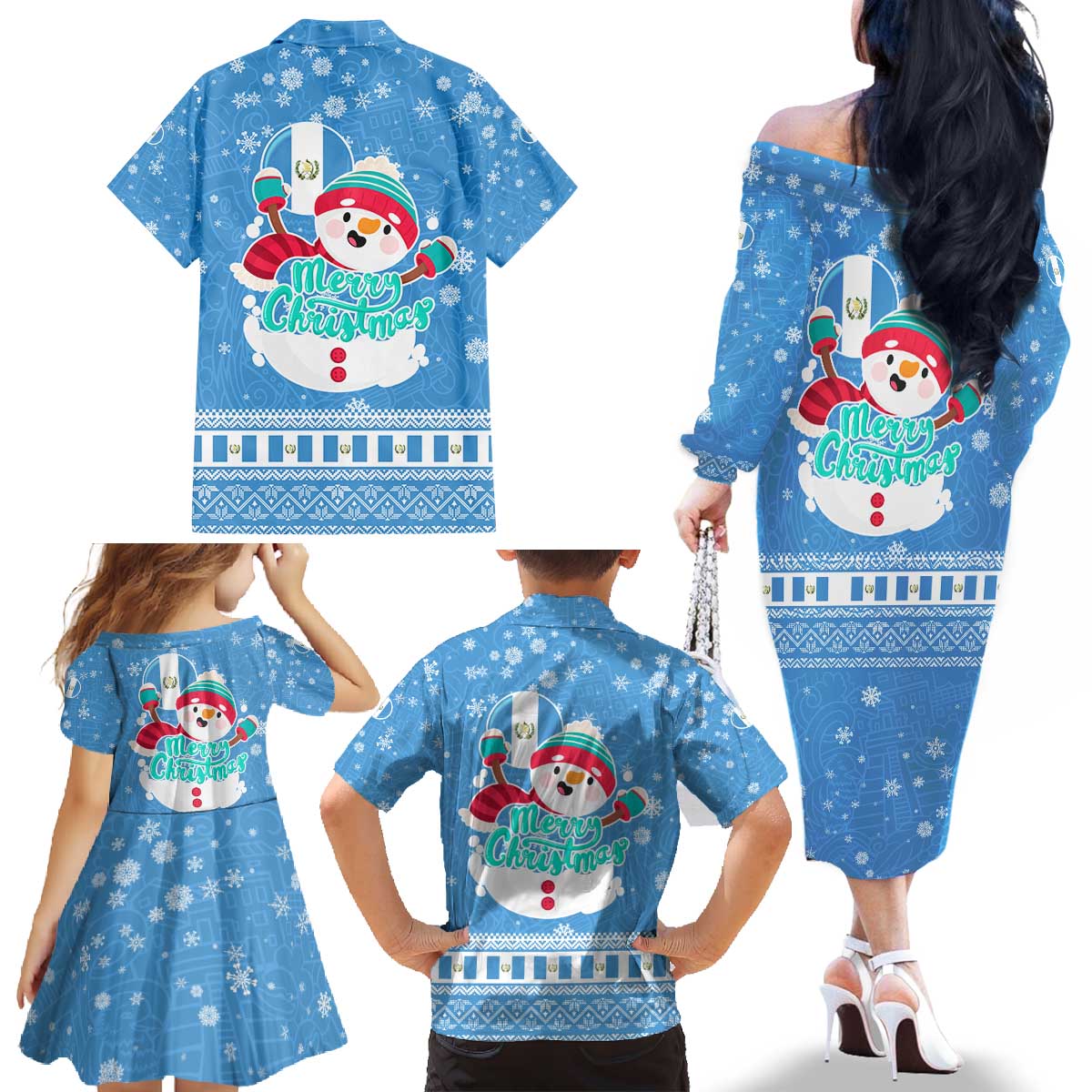 Guatemala Christmas Family Matching Off The Shoulder Long Sleeve Dress and Hawaiian Shirt with Blue Christmas Monkey Tree Snowman and Snowflake - Wonder Print Shop