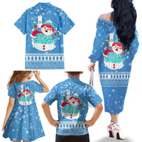 Guatemala Christmas Family Matching Off The Shoulder Long Sleeve Dress and Hawaiian Shirt with Blue Christmas Monkey Tree Snowman and Snowflake - Wonder Print Shop