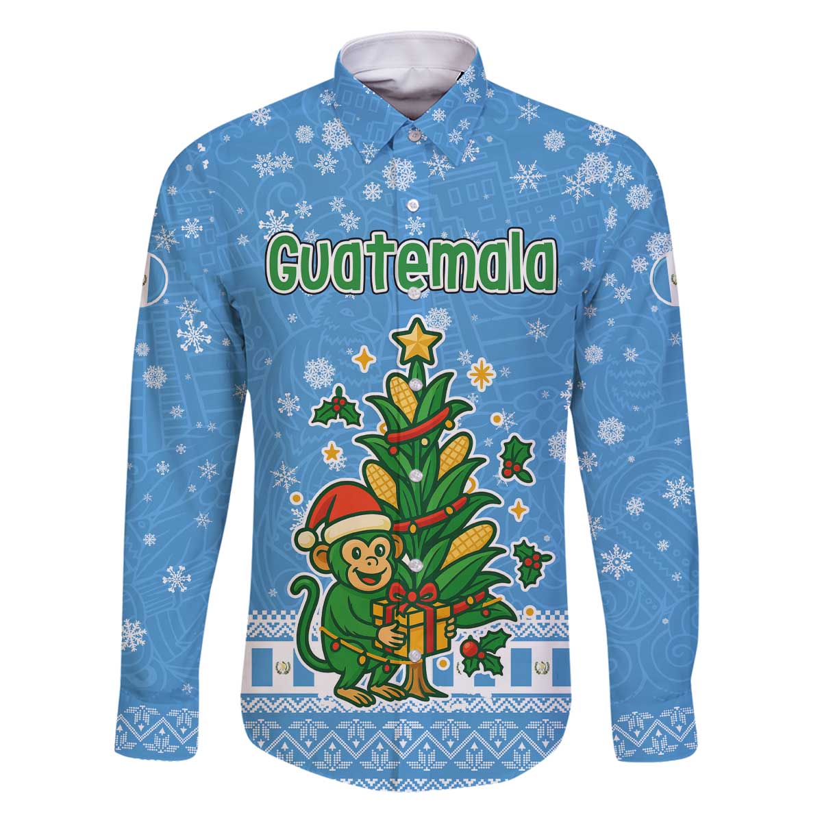 Guatemala Christmas Family Matching Off The Shoulder Long Sleeve Dress and Hawaiian Shirt with Blue Christmas Monkey Tree Snowman and Snowflake - Wonder Print Shop