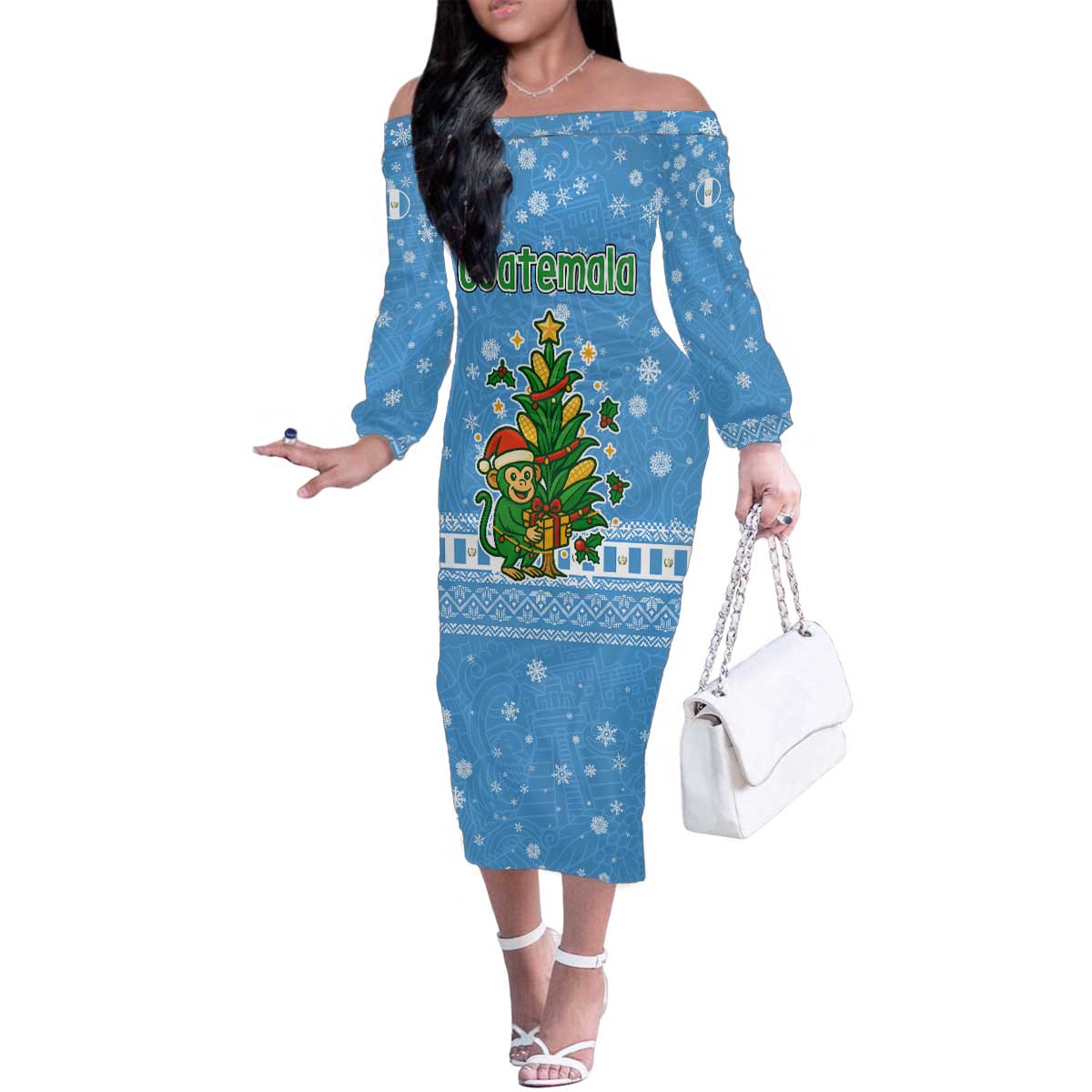 Guatemala Christmas Family Matching Off The Shoulder Long Sleeve Dress and Hawaiian Shirt with Blue Christmas Monkey Tree Snowman and Snowflake - Wonder Print Shop