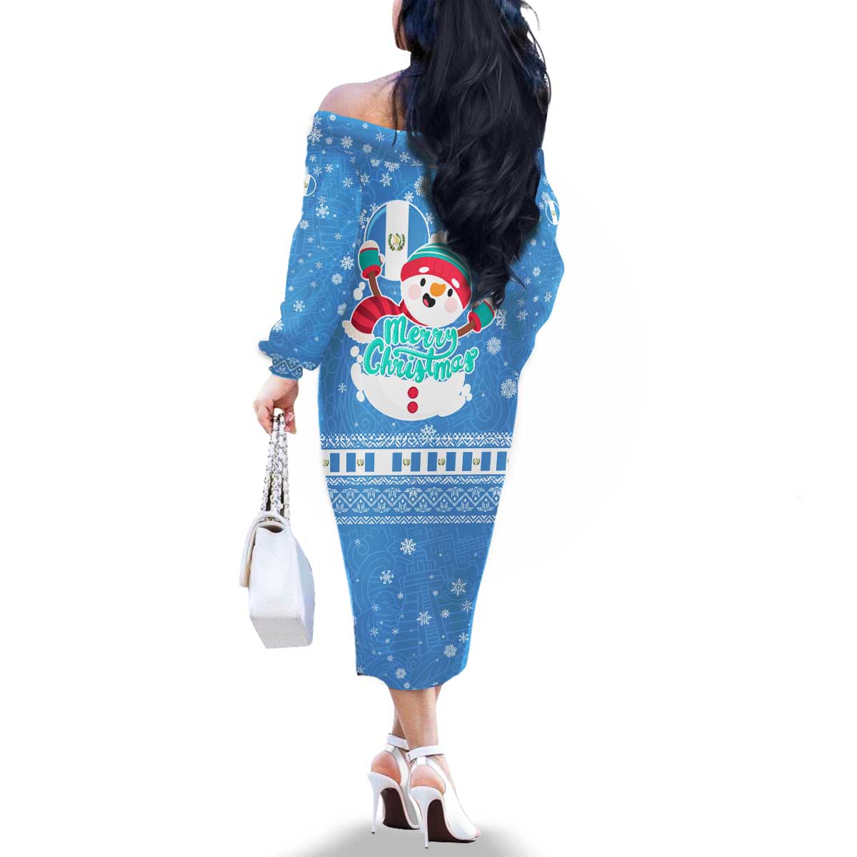 Guatemala Christmas Family Matching Off The Shoulder Long Sleeve Dress and Hawaiian Shirt with Blue Christmas Monkey Tree Snowman and Snowflake - Wonder Print Shop