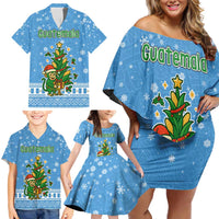 Guatemala Christmas Family Matching Off Shoulder Short Dress and Hawaiian Shirt with Blue Christmas Monkey Tree Snowman and Snowflake - Wonder Print Shop