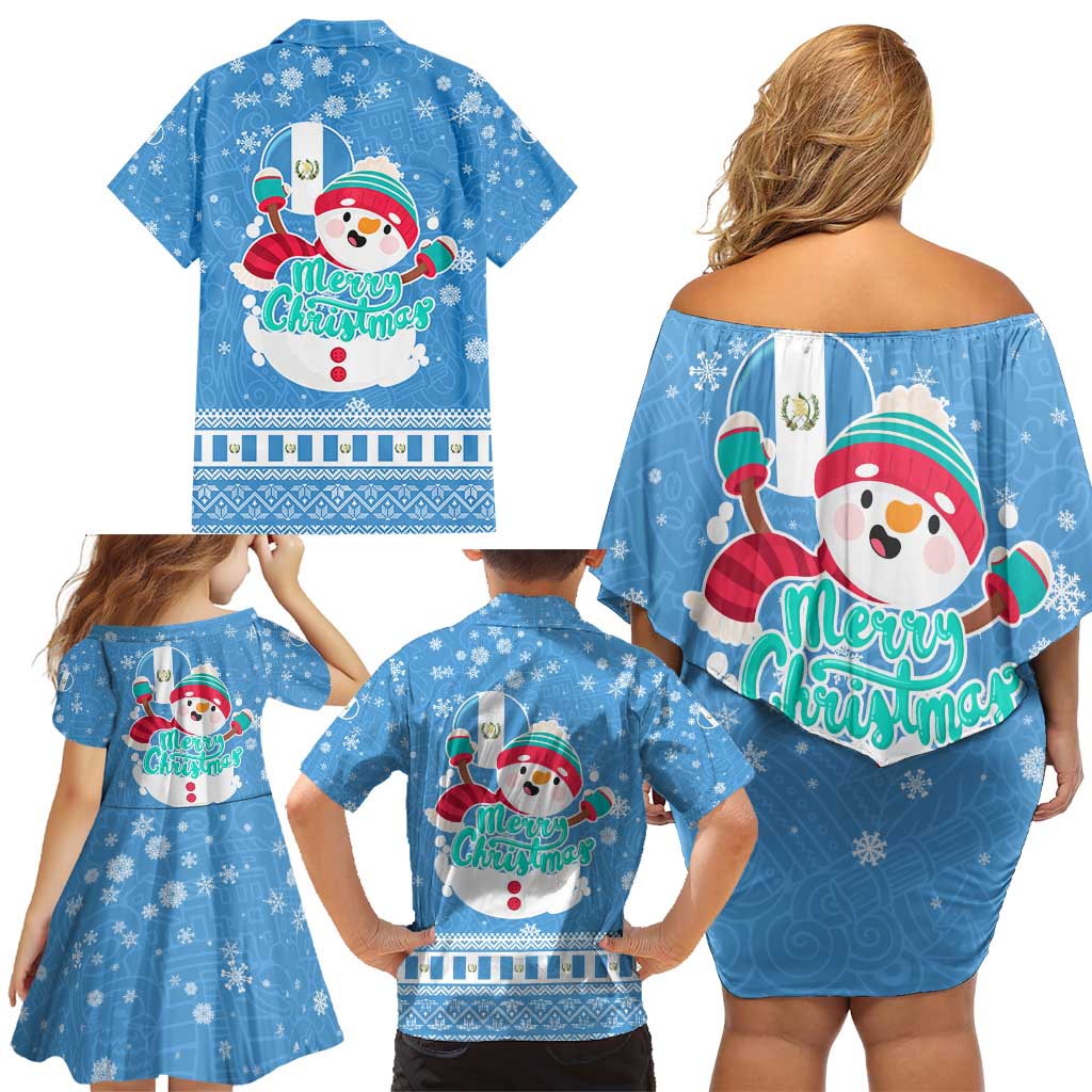 Guatemala Christmas Family Matching Off Shoulder Short Dress and Hawaiian Shirt with Blue Christmas Monkey Tree Snowman and Snowflake - Wonder Print Shop