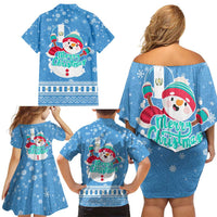 Guatemala Christmas Family Matching Off Shoulder Short Dress and Hawaiian Shirt with Blue Christmas Monkey Tree Snowman and Snowflake - Wonder Print Shop