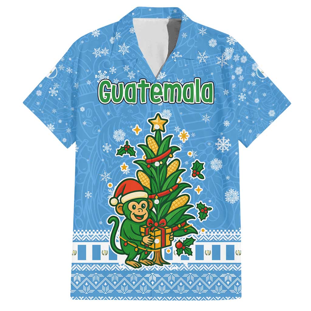 Guatemala Christmas Family Matching Off Shoulder Short Dress and Hawaiian Shirt with Blue Christmas Monkey Tree Snowman and Snowflake - Wonder Print Shop
