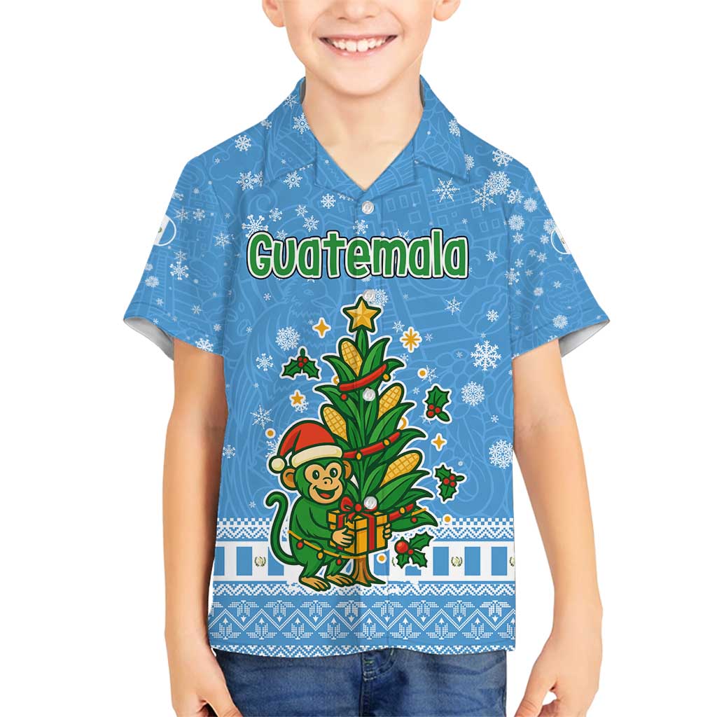 Guatemala Christmas Family Matching Off Shoulder Short Dress and Hawaiian Shirt with Blue Christmas Monkey Tree Snowman and Snowflake - Wonder Print Shop