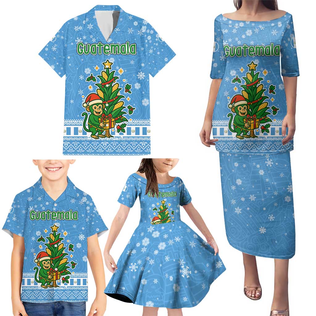 Guatemala Christmas Family Matching Puletasi and Hawaiian Shirt with Blue Christmas Monkey Tree Snowman and Snowflake - Wonder Print Shop